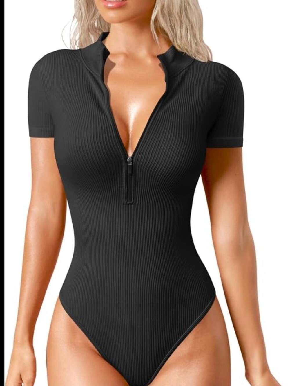 OQQ Women’s Black Ribbed Zip-Front Bodysuit Top